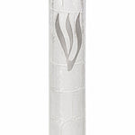 Kotel Stonework Clear Silver Shin Mezuzah mezuzah cover viewed at an angle, showing its long silver-colored Hebrew Shin across a pale translucent plastic stone-block face, with the curved side and lower closure revealing the shape of the Jerusalem-inspired design