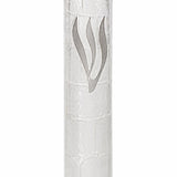 Kotel Stonework Clear Silver Shin Mezuzah mezuzah cover viewed at an angle, showing its long silver-colored Hebrew Shin across a pale translucent plastic stone-block face, with the curved side and lower closure revealing the shape of the Jerusalem-inspired design
