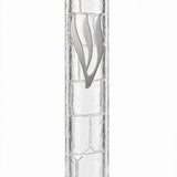 Kotel Stonework Clear Silver Shin Mezuzah shown from the front as a mezuzah cover featuring a clear plastic body, molded stone-block texture and an elongated silver-colored Hebrew Shin above the rounded bottom closure, presenting a detailed Judaica design for a Jewish home doorway