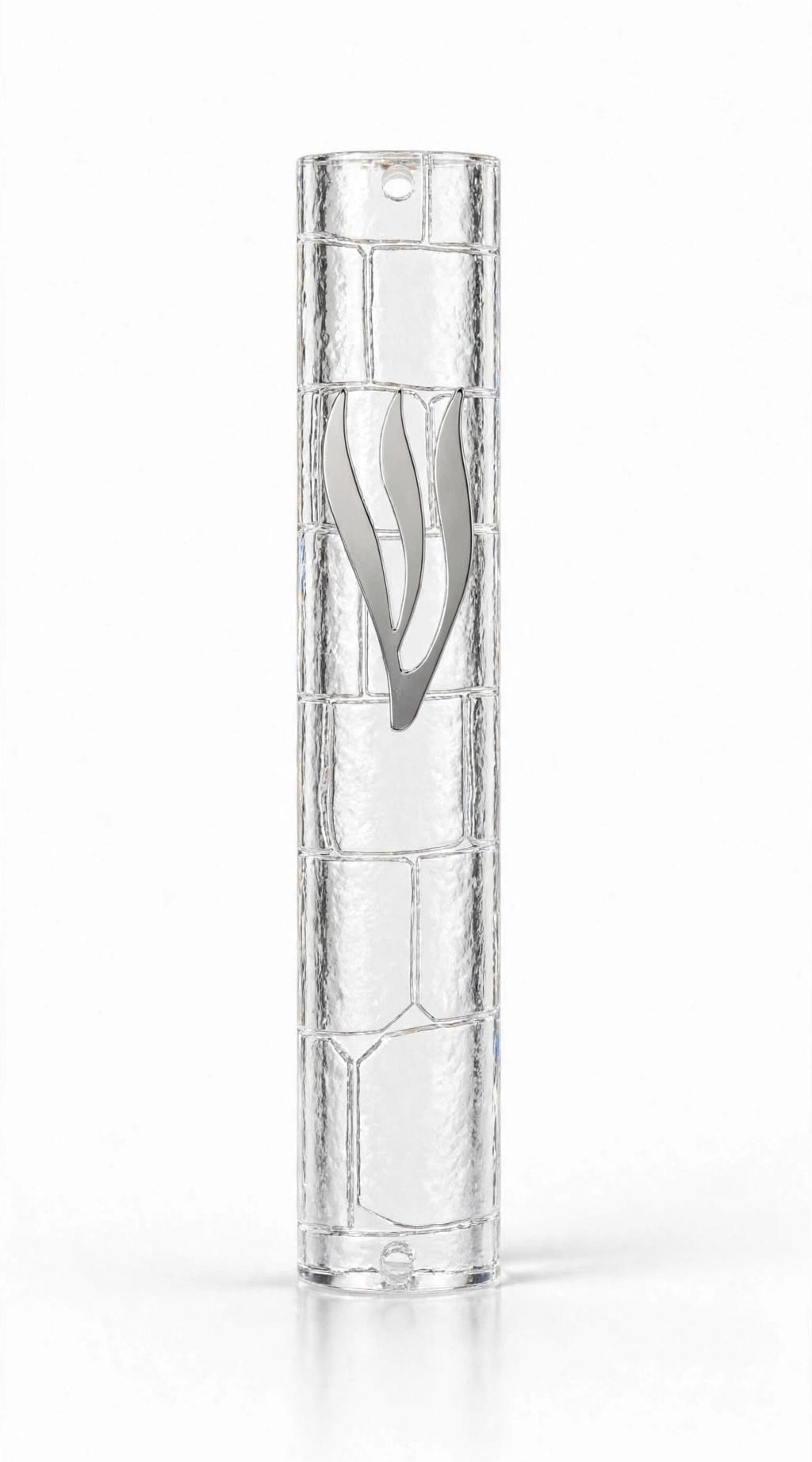 Kotel Stonework Clear Silver Shin Mezuzah shown from the front as a mezuzah cover featuring a clear plastic body, molded stone-block texture and an elongated silver-colored Hebrew Shin above the rounded bottom closure, presenting a detailed Judaica design for a Jewish home doorway