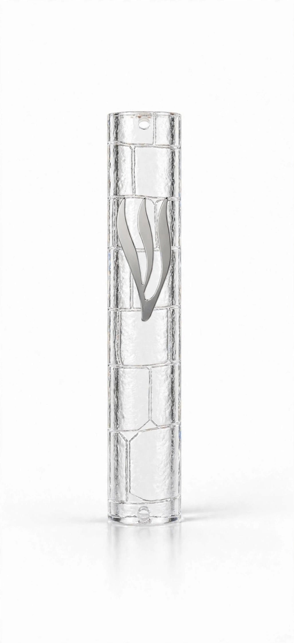 Kotel Stonework Clear Silver Shin Mezuzah shown from the front as a mezuzah cover featuring a clear plastic body, molded stone-block texture and an elongated silver-colored Hebrew Shin above the rounded bottom closure, presenting a detailed Judaica design for a Jewish home doorway