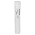 Kotel Stonework Clear Silver Shin mezuzah cover in a front detail view, showing a pale translucent stone-block pattern, elongated silver-colored Hebrew Shin and softly curved plastic body in this Jerusalem-inspired doorway design