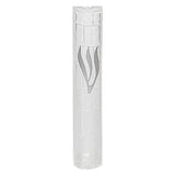 Kotel Stonework Clear Silver Shin mezuzah cover in a front detail view, showing a pale translucent stone-block pattern, elongated silver-colored Hebrew Shin and softly curved plastic body in this Jerusalem-inspired doorway design