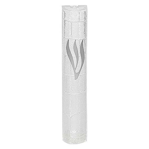 Kotel Stonework Clear Silver Shin mezuzah cover in a front detail view, showing a pale translucent stone-block pattern, elongated silver-colored Hebrew Shin and softly curved plastic body in this Jerusalem-inspired doorway design