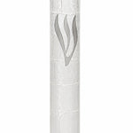 Kotel Stonework Clear Silver Shin mezuzah cover shown upright with its upper mounting tab visible, highlighting the textured plastic wall pattern, long silver-colored Hebrew letter and clear lower chamber in the full front view