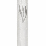 Kotel Stonework Clear Silver Shin mezuzah cover shown upright with its upper mounting tab visible, highlighting the textured plastic wall pattern, long silver-colored Hebrew letter and clear lower chamber in the full front view