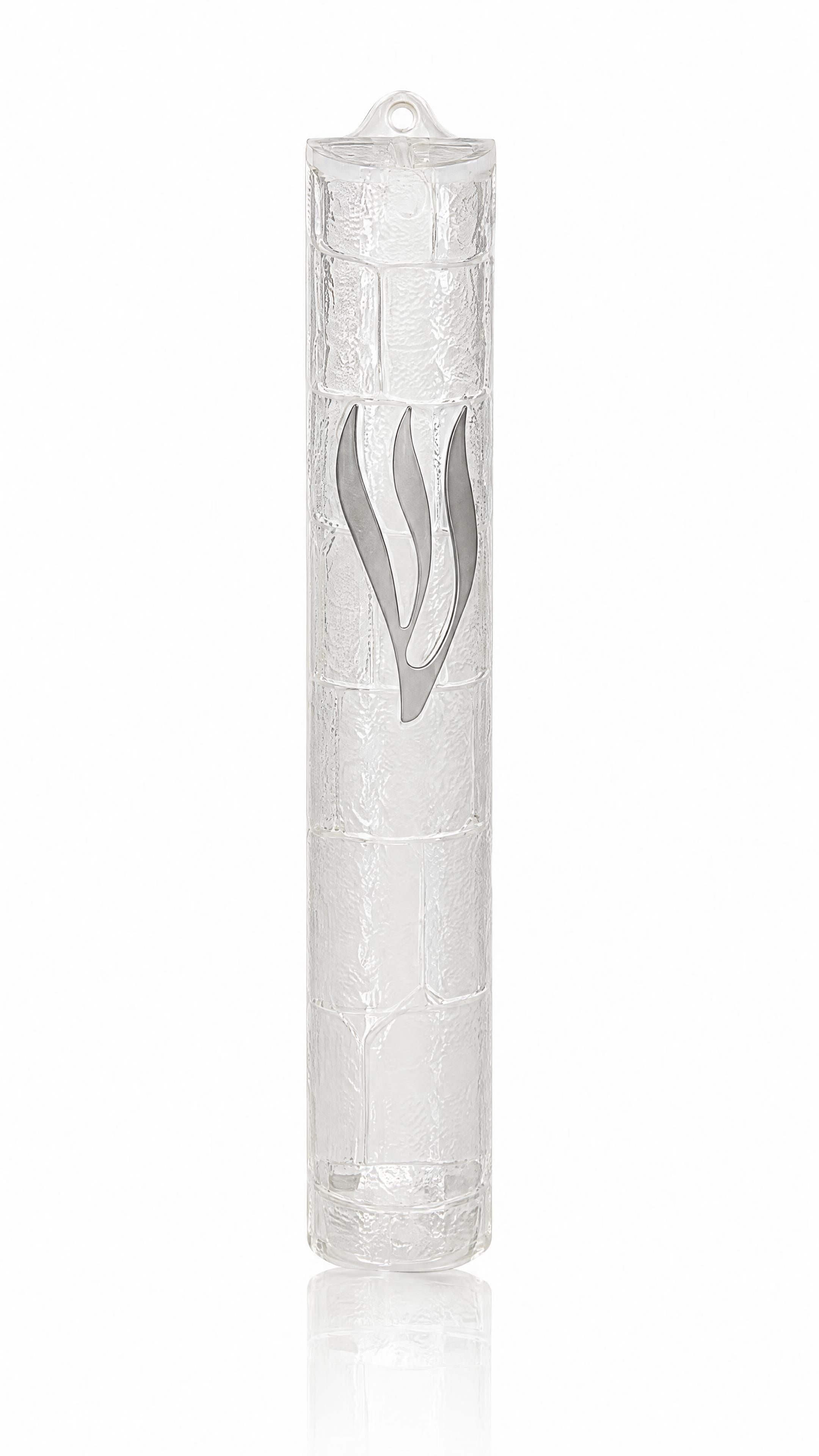 Kotel Stonework Clear Silver Shin mezuzah cover shown upright with its upper mounting tab visible, highlighting the textured plastic wall pattern, long silver-colored Hebrew letter and clear lower chamber in the full front view