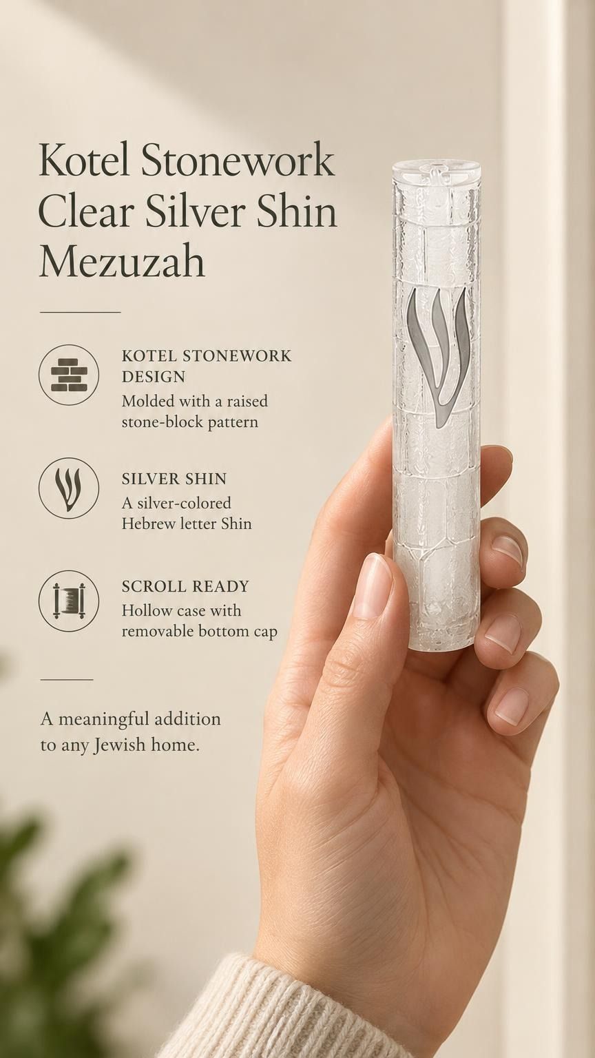 Kotel Stonework Clear Silver Shin Mezuzah mezuzah cover held in one hand beside its product name and illustrated features, with a clear plastic body, molded stone-block texture and an elongated silver-colored Hebrew Shin above the rounded bottom closure clearly visible in a close view of the molded texture and Hebrew design