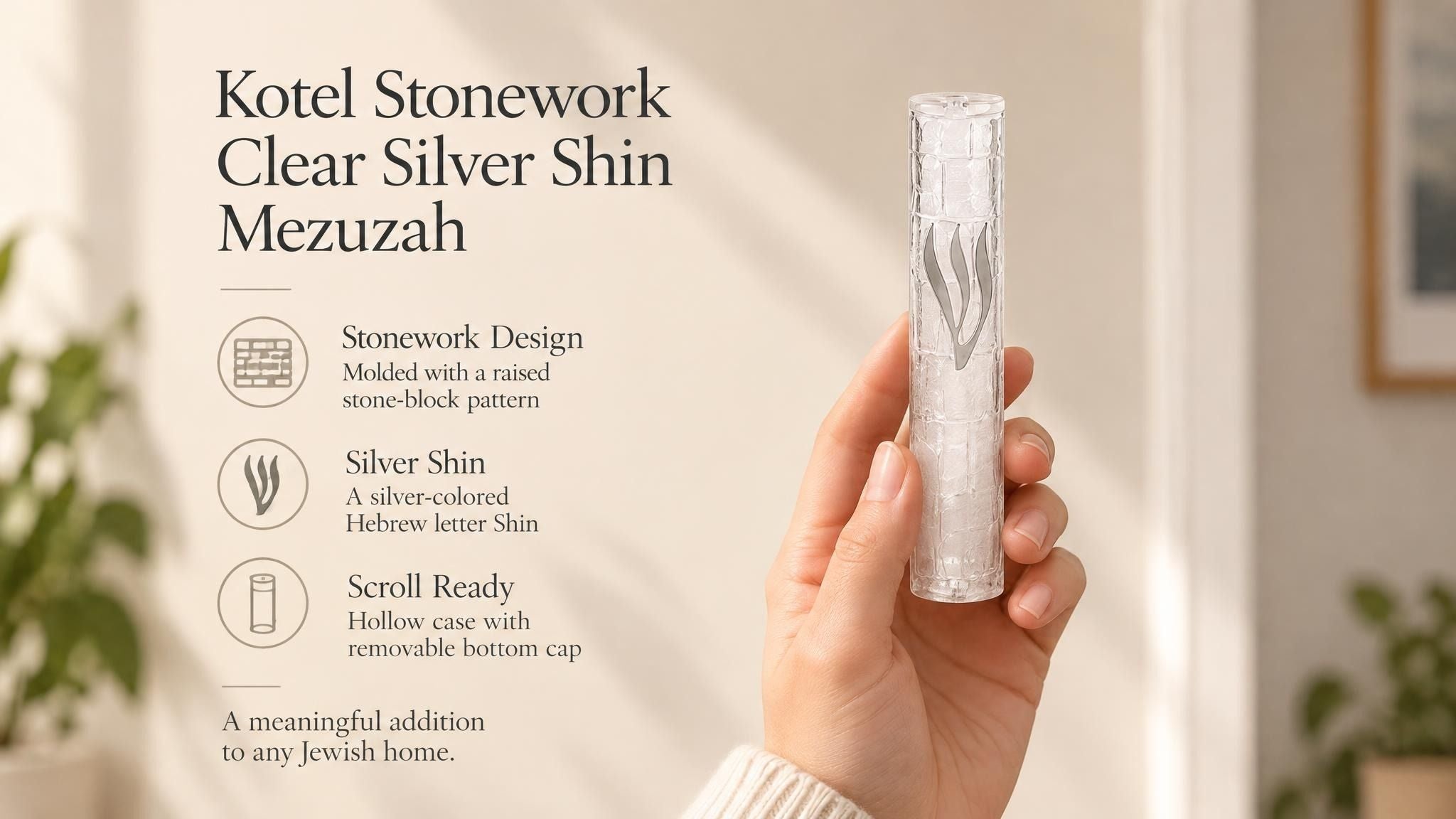 Kotel Stonework Clear Silver Shin Mezuzah mezuzah cover held upright in one hand, showing a clear plastic body, molded stone-block texture and an elongated silver-colored Hebrew Shin above the rounded bottom closure beside the product name and illustrated design features in a wide social-sharing graphic for decorative Jewish home Judaica
