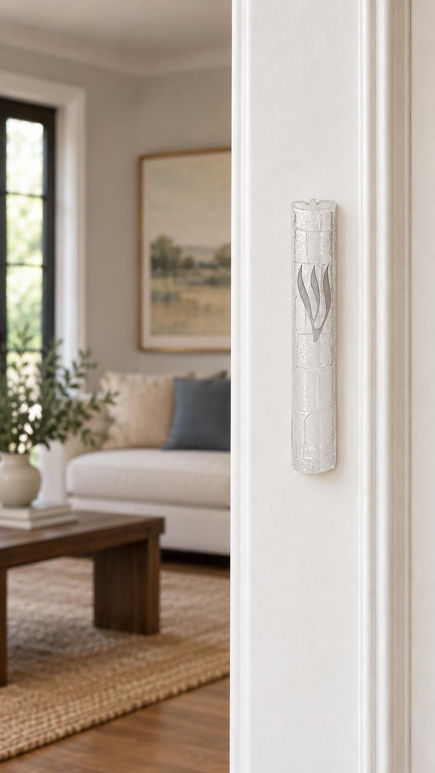 Kotel Stonework Clear Silver Shin Mezuzah mezuzah cover mounted vertically on an interior doorjamb in a portrait view, showing a clear plastic body, molded stone-block texture and an elongated silver-colored Hebrew Shin above the rounded bottom closure and the long narrow form of this Jerusalem-inspired Jewish doorway design