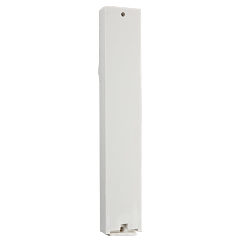 Rear view of the Kotel Stonework Clear Silver Shin mezuzah cover, showing its flat light-colored plastic backplate, upper mounting hole and lower cap detail behind the textured Jerusalem-inspired front