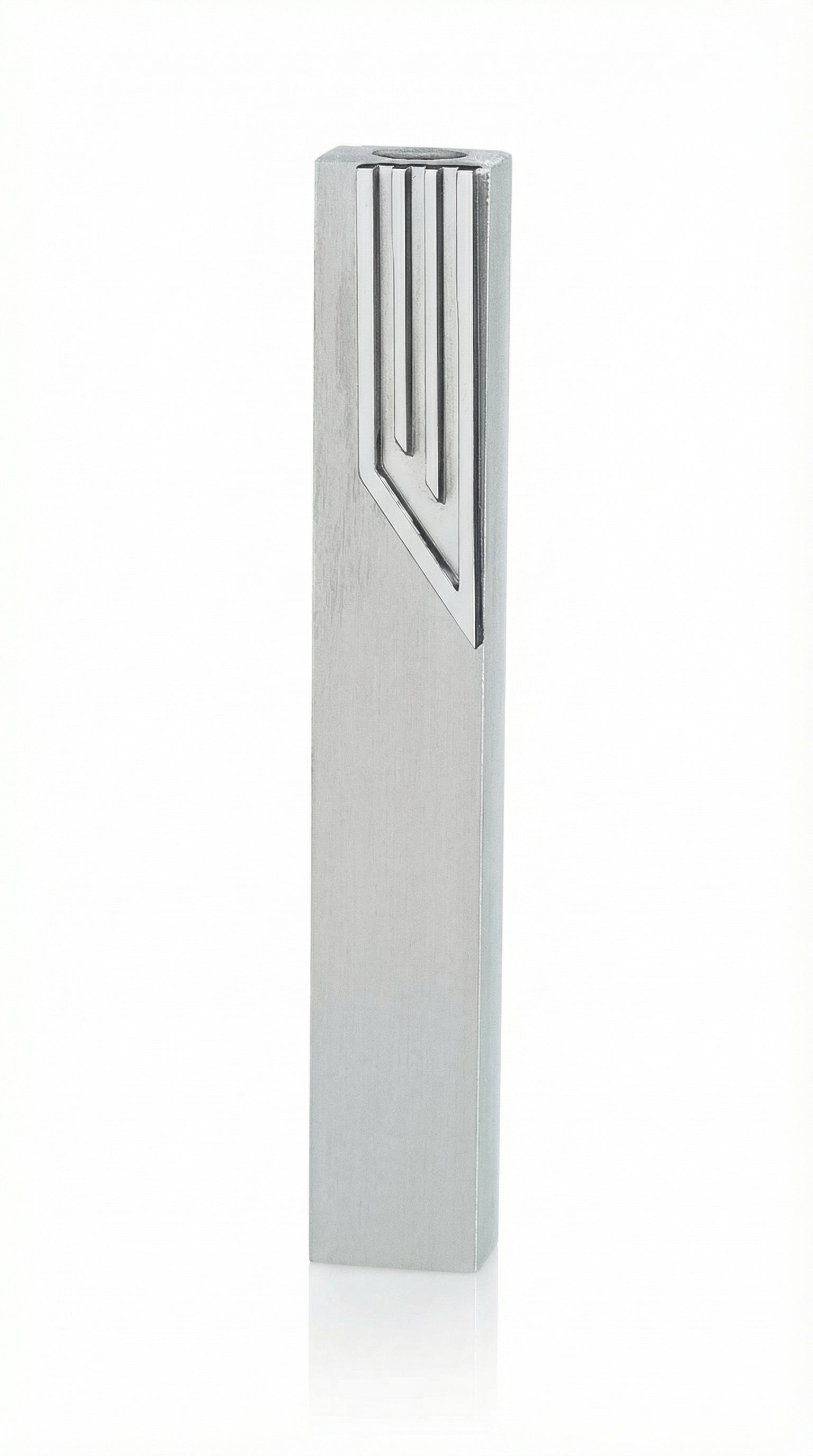 Sleek and practical aluminum mezuzah with screw cap, designed for outdoor use, measures 5.5 inches, includes strong mounting tape, made in Israel.