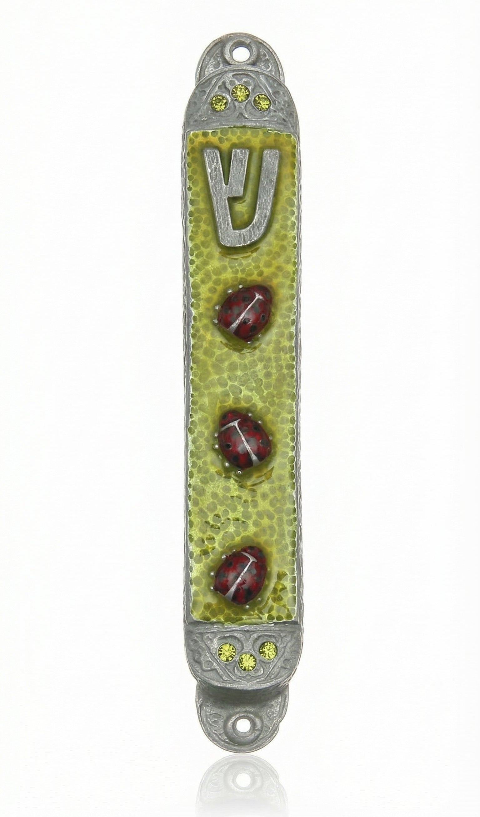 Pewter Ladybug Mezuzah with three cute ladybugs, made in USA, hand painted with enamel, suitable for placement on doorposts to bring blessings.