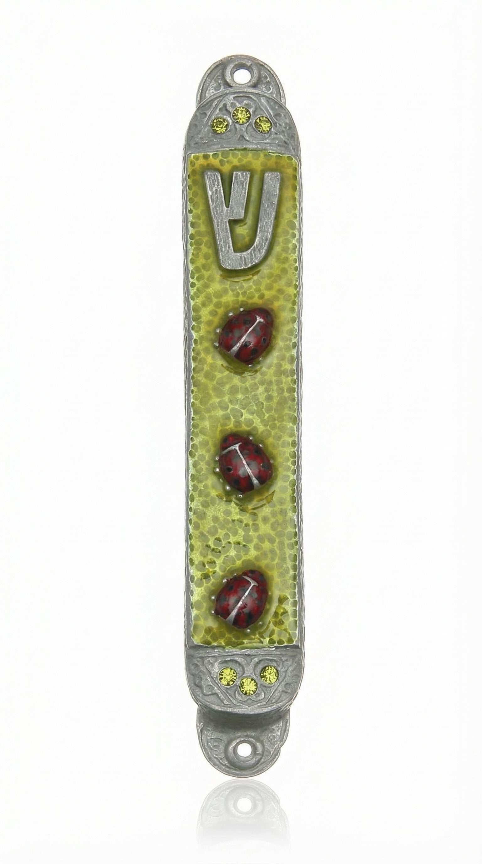 Pewter Ladybug Mezuzah with three cute ladybugs, made in USA, hand painted with enamel, suitable for placement on doorposts to bring blessings.