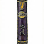 Lakers themed mezuzah made of pewter with hand-painted enamel, 6 inches tall, designed for home doorways with detailed Hebrew engravings.