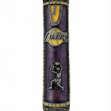 Lakers themed mezuzah made of pewter with hand-painted enamel, 6 inches tall, designed for home doorways with detailed Hebrew engravings.