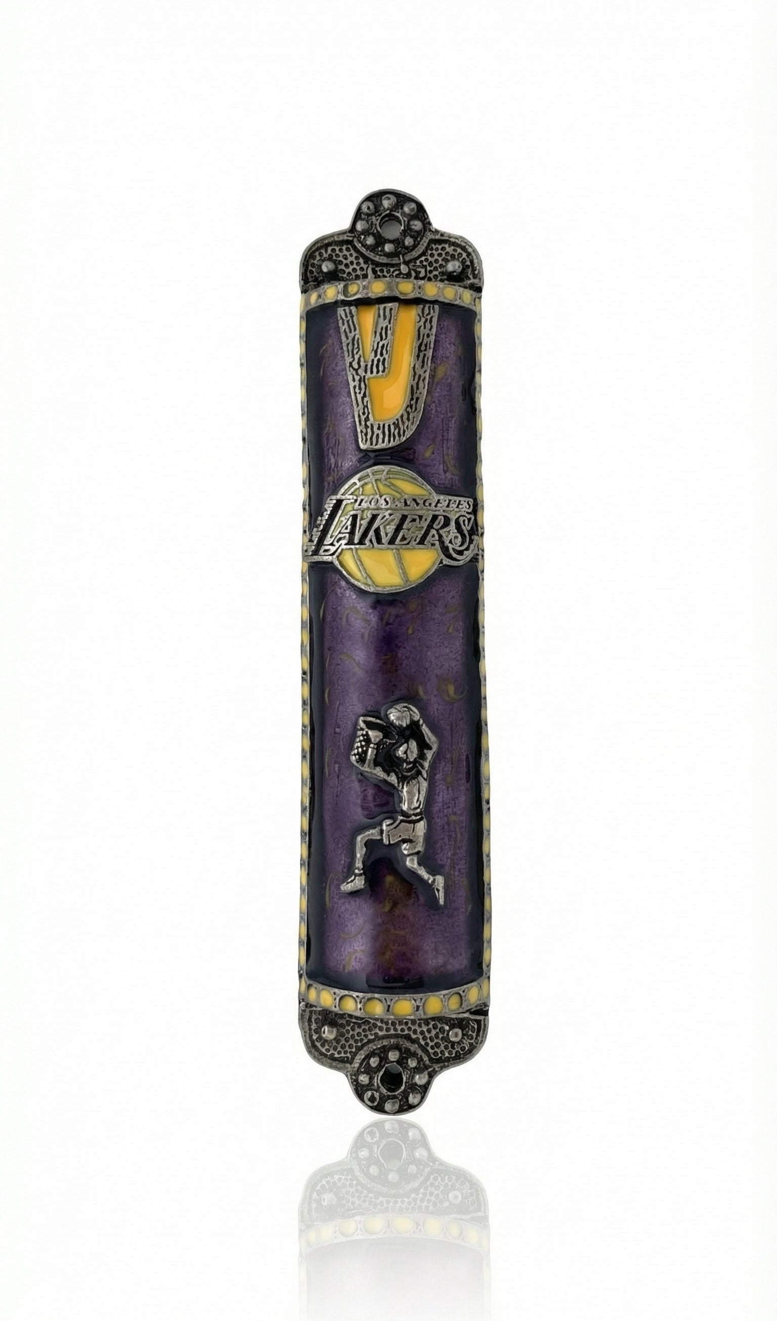 Lakers themed mezuzah made of pewter with hand-painted enamel, 6 inches tall, designed for home doorways with detailed Hebrew engravings.