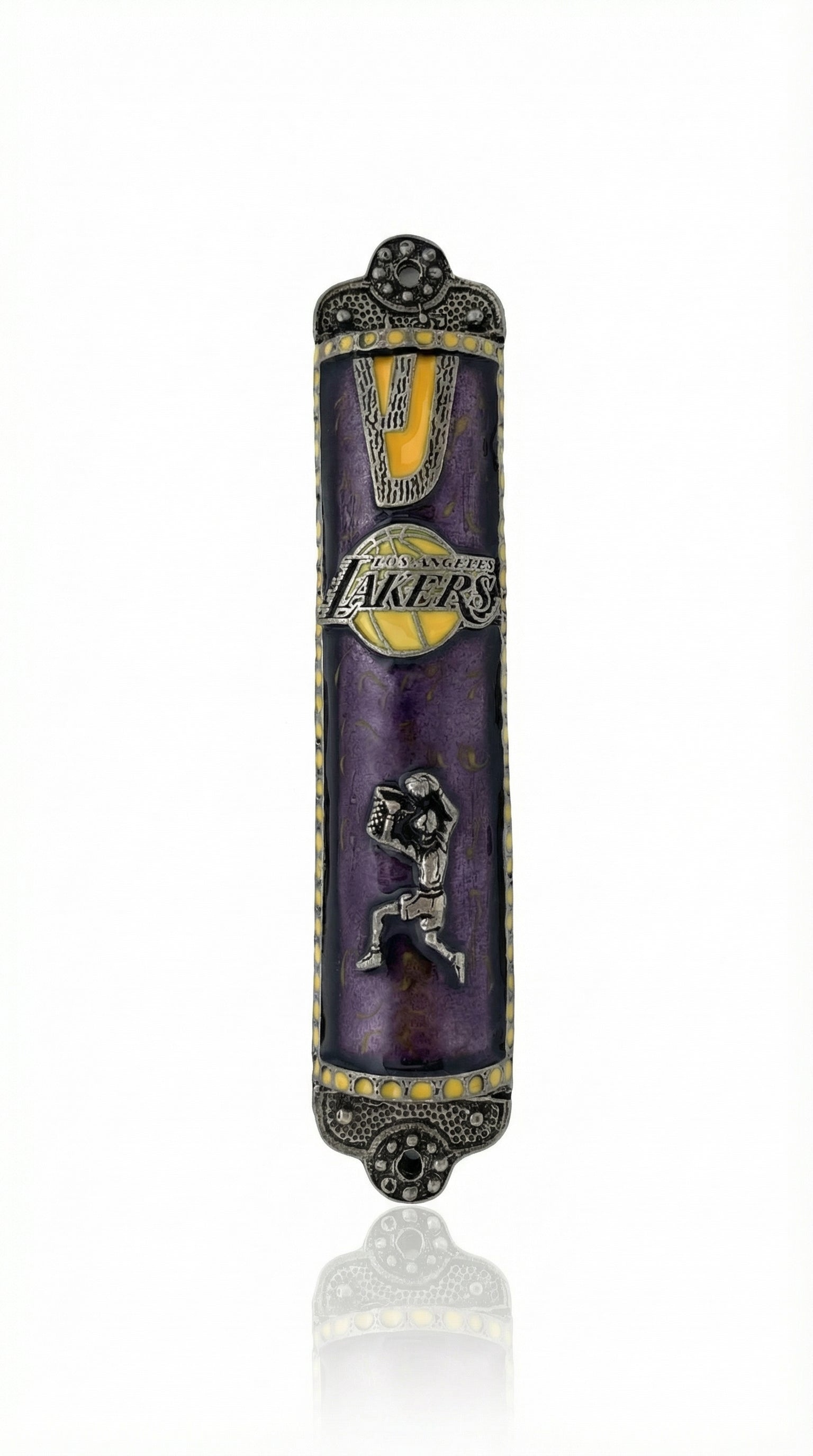 Lakers themed mezuzah made of pewter with hand-painted enamel, 6 inches tall, designed for home doorways with detailed Hebrew engravings.