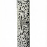 Detailed pewter mezuzah with Hebrew Torah verse, featuring engraved motifs and symbols, displayed on a white background with soft reflection.