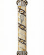 Large floral Mezuzah case in brown and yellow pewter with hand-painted enamel, featuring a raised Shin symbol and garden-inspired design, on a white background with light reflection.