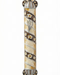 Large floral Mezuzah case in brown and yellow pewter with hand-painted enamel, featuring a raised Shin symbol and garden-inspired design, on a white background with light reflection.