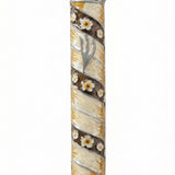 Large floral Mezuzah case in brown and yellow pewter with hand-painted enamel, featuring a raised Shin symbol and garden-inspired design, on a white background with light reflection.
