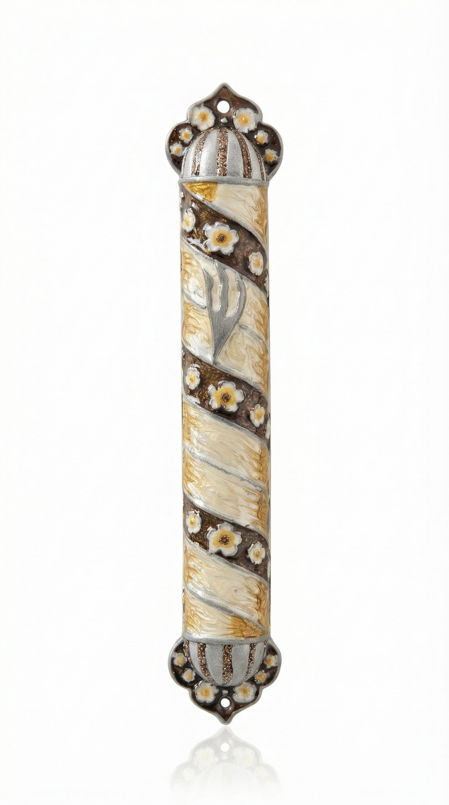 Large floral Mezuzah case in brown and yellow pewter with hand-painted enamel, featuring a raised Shin symbol and garden-inspired design, on a white background with light reflection.
