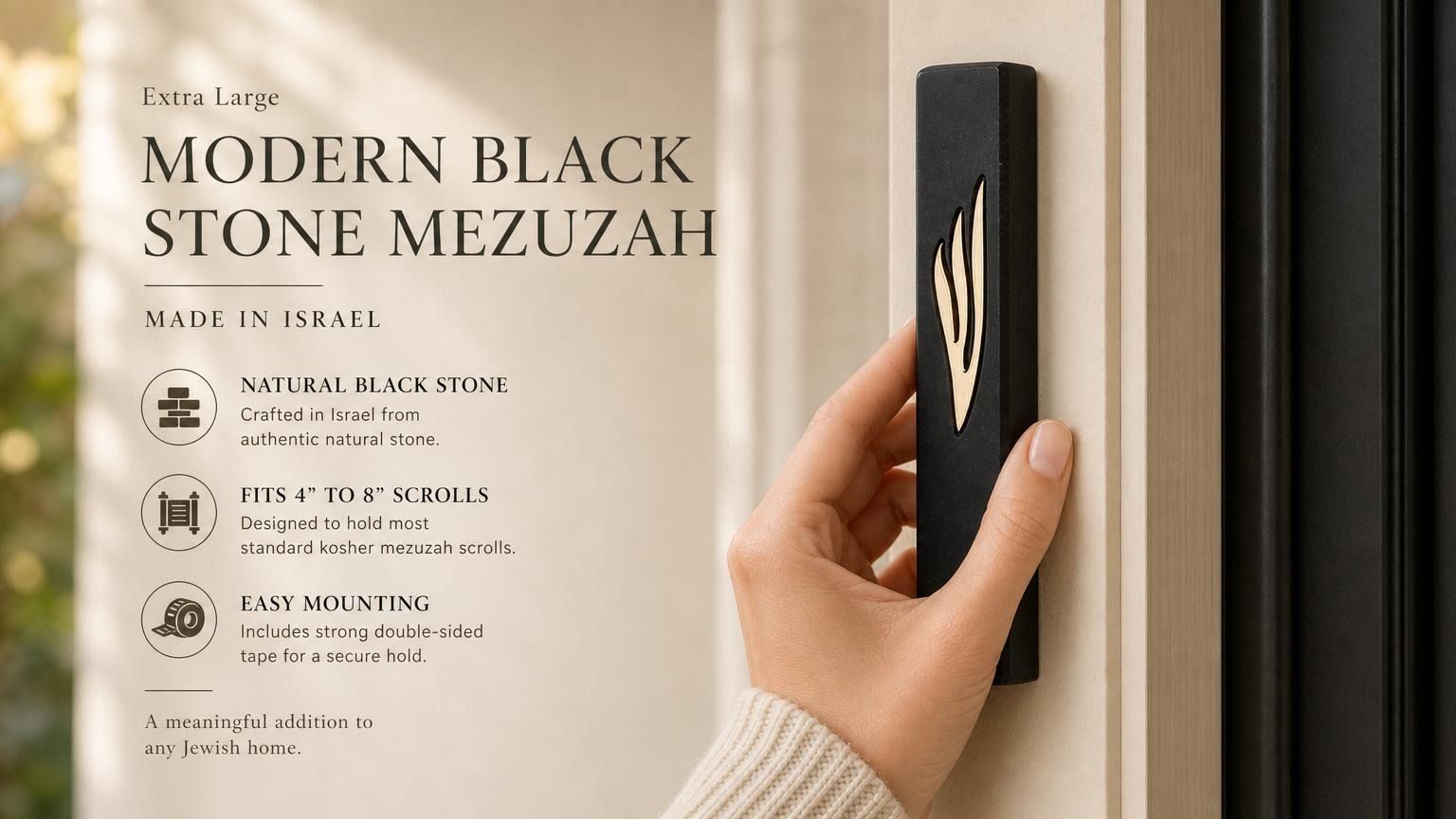 Person holding the exact black stone mezuzah with gold Shin, showcasing its size and design for outdoor or modern home entrances.