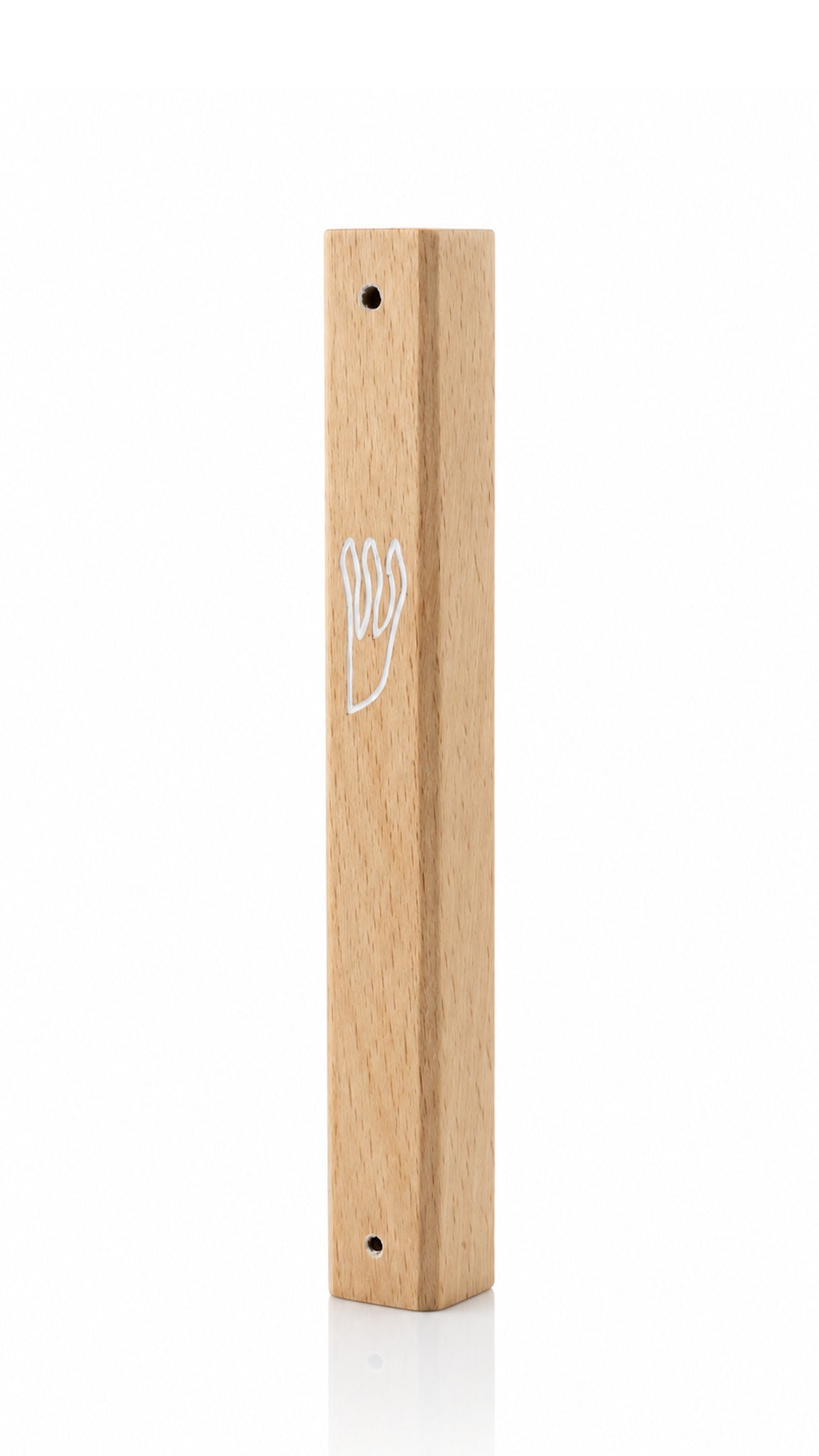 Large Classic Natural White Oak Wood Mezuzah cover with pale honey beige grain and a delicate white outline Shin along a slim rectangular wooden body for a warm traditional Jewish doorway