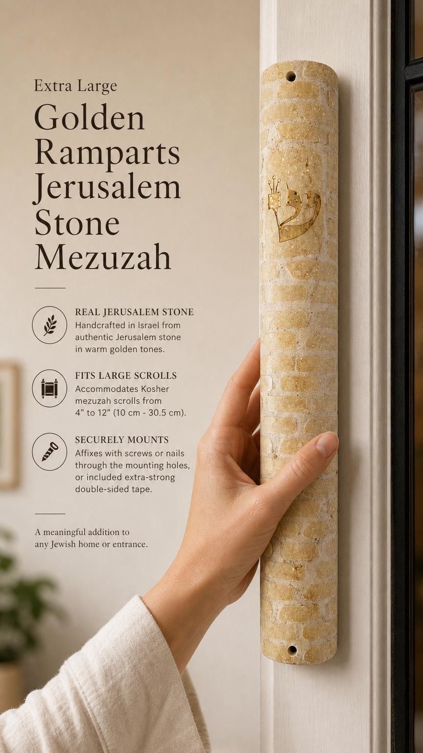 Person holding the large Jerusalem stone mezuzah with natural light and editorial typography in a balanced, premium 9:16 layout.
