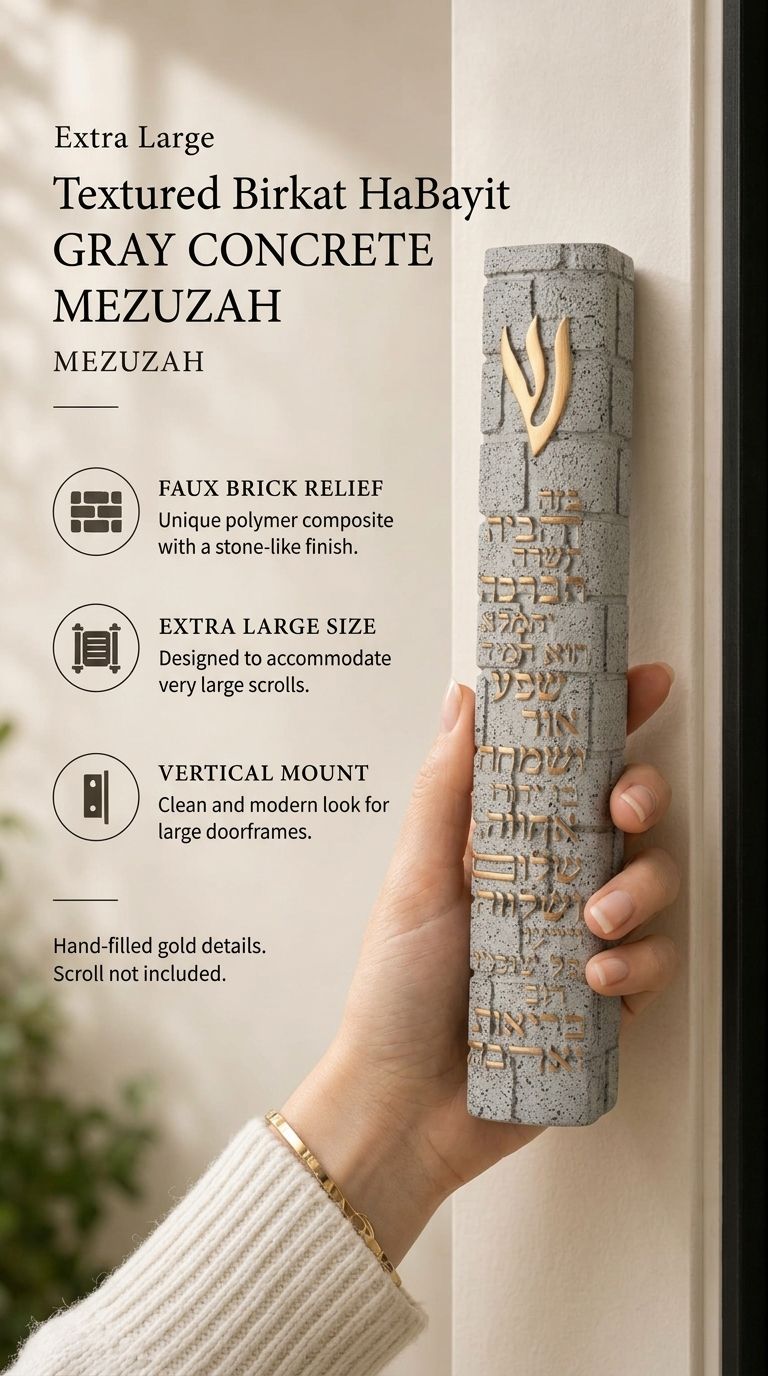 A hand holds an extra large gray concrete mezuzah featuring gold Hebrew lettering and Birkat HaBayit text in a bright, airy setting.