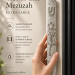 Extra large gray Jerusalem stone mezuzah with Tree of Life carving, mounted with tape for indoor or outdoor use.