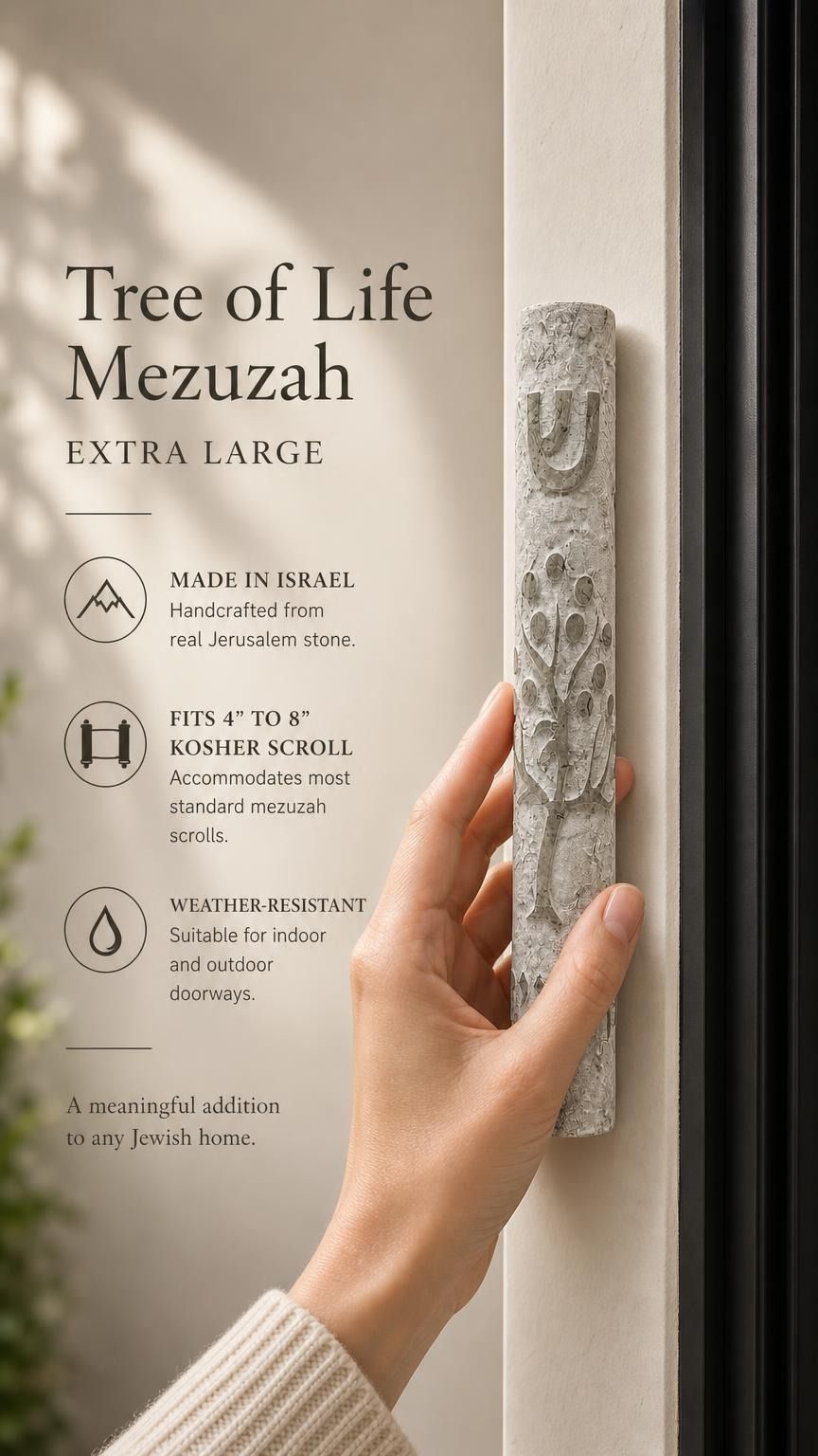 Extra large gray Jerusalem stone mezuzah with Tree of Life carving, mounted with tape for indoor or outdoor use.