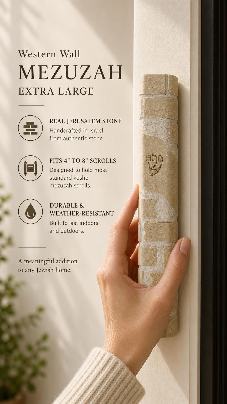 Kotel cream Jerusalem stone mezuzah mounted on a doorpost, showing natural veining across the coursed stone face.
