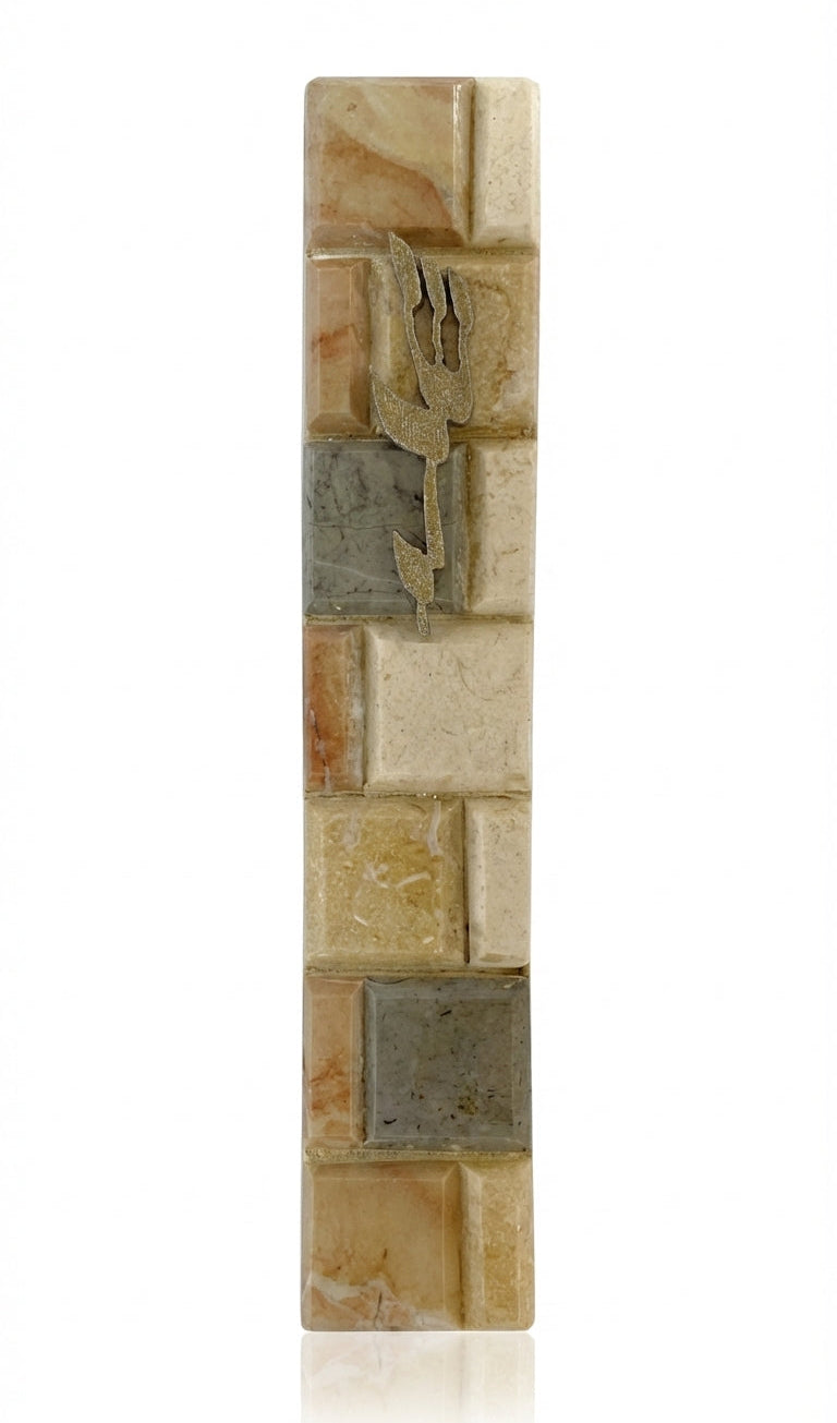 Close-up of a large Jerusalem stone mezuzah with detailed surface texture, engraved Hebrew words, and a smooth, polished finish, displayed on a white studio background with soft reflection.