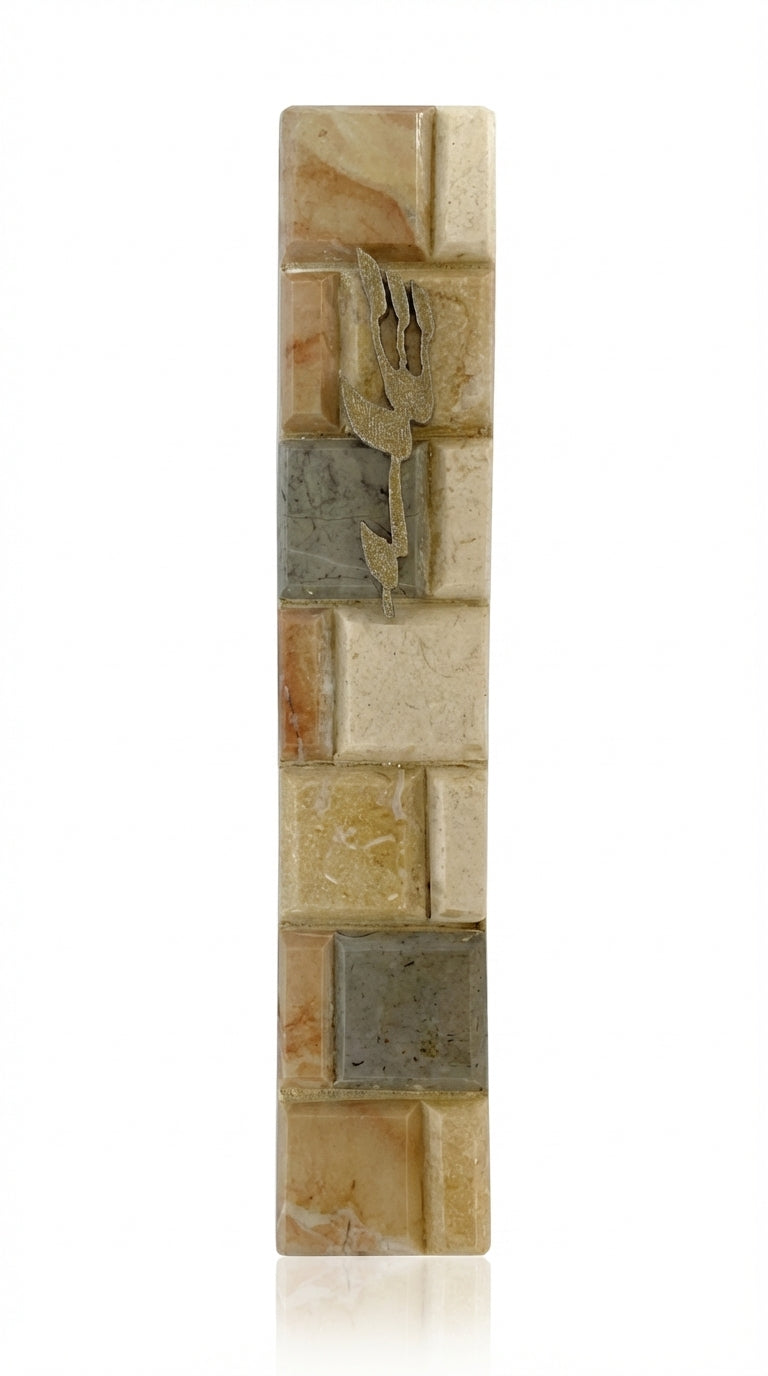 Close-up of a large Jerusalem stone mezuzah with detailed surface texture, engraved Hebrew words, and a smooth, polished finish, displayed on a white studio background with soft reflection.
