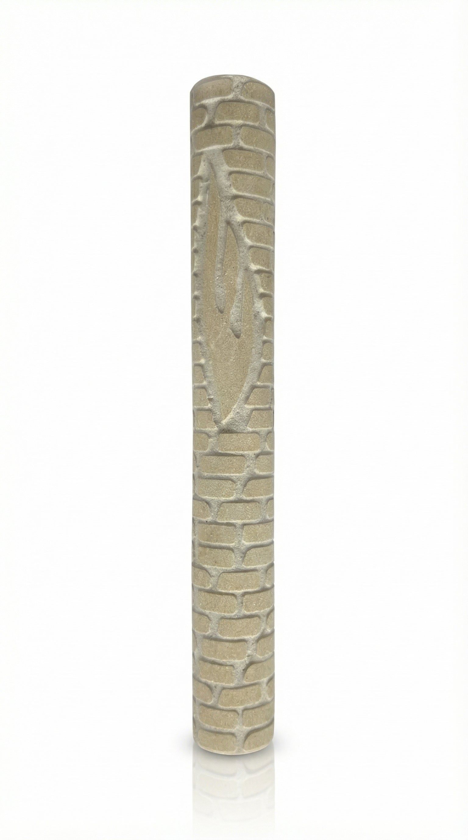 Extra large Jerusalem stone Mezuzah mounted with strong tape in a bright studio setting, detailed surface texture and engraved Hebrew lettering visible.