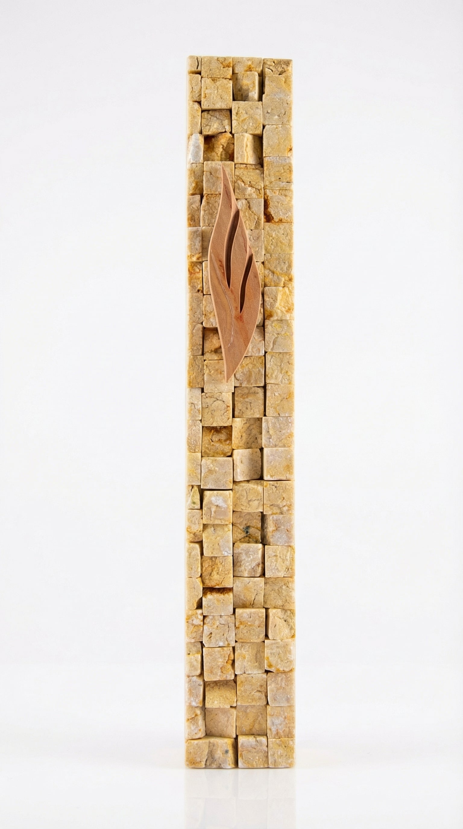 Extra-large Jerusalem stone mezuzah with detailed carvings, Hebrew inscriptions, on a bright white background with soft reflection.