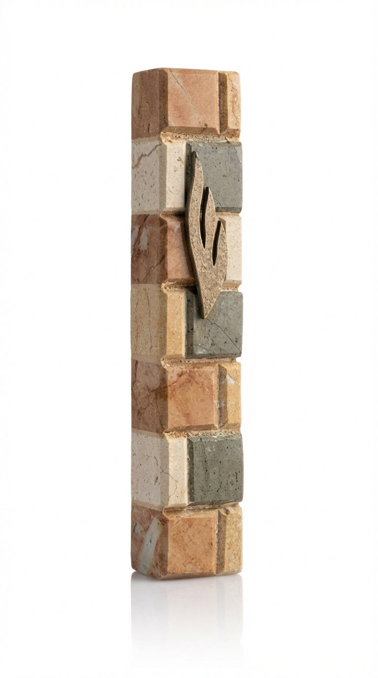 High-resolution image of large Jerusalem stone mezuzah with detailed surface textures, engraved Hebrew letters, and decorative motifs on a white background with subtle reflection.