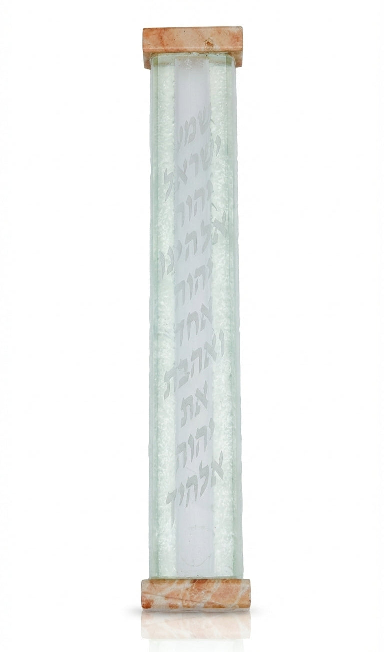 Impressive large Mezuzah made of glass and Jerusalem stone with Shema prayer, suitable for grand entrances to homes or synagogues, precise details.