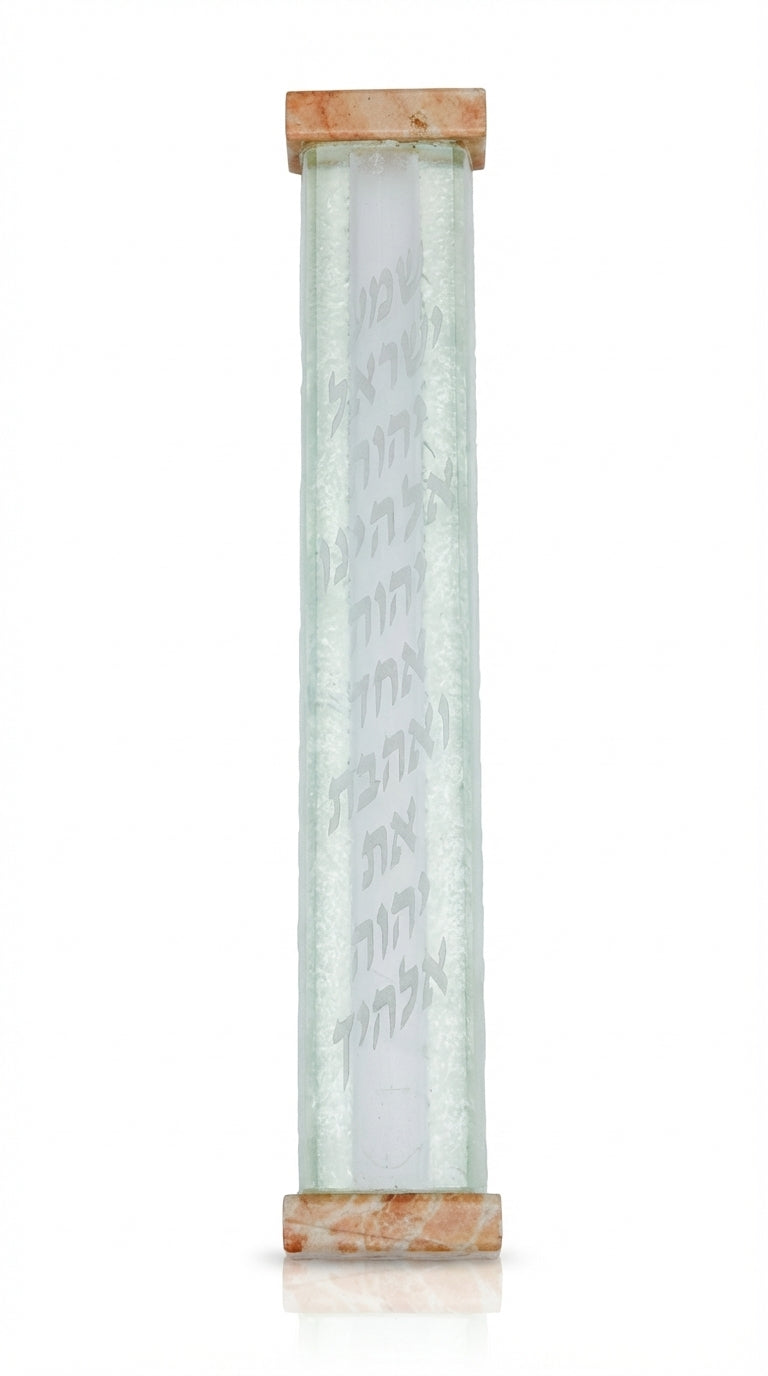 Impressive large Mezuzah made of glass and Jerusalem stone with Shema prayer, suitable for grand entrances to homes or synagogues, precise details.