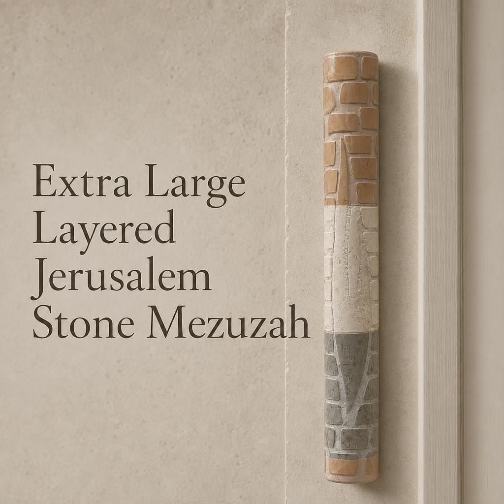 Extra large layered Jerusalem stone mezuzah displayed on a plain background, emphasizing its sculptural design and natural earth tones.