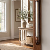 Extra large mahogany wood mezuzah with exposed scroll glass on an elegant doorway, highlighting its grand size and craftsmanship.