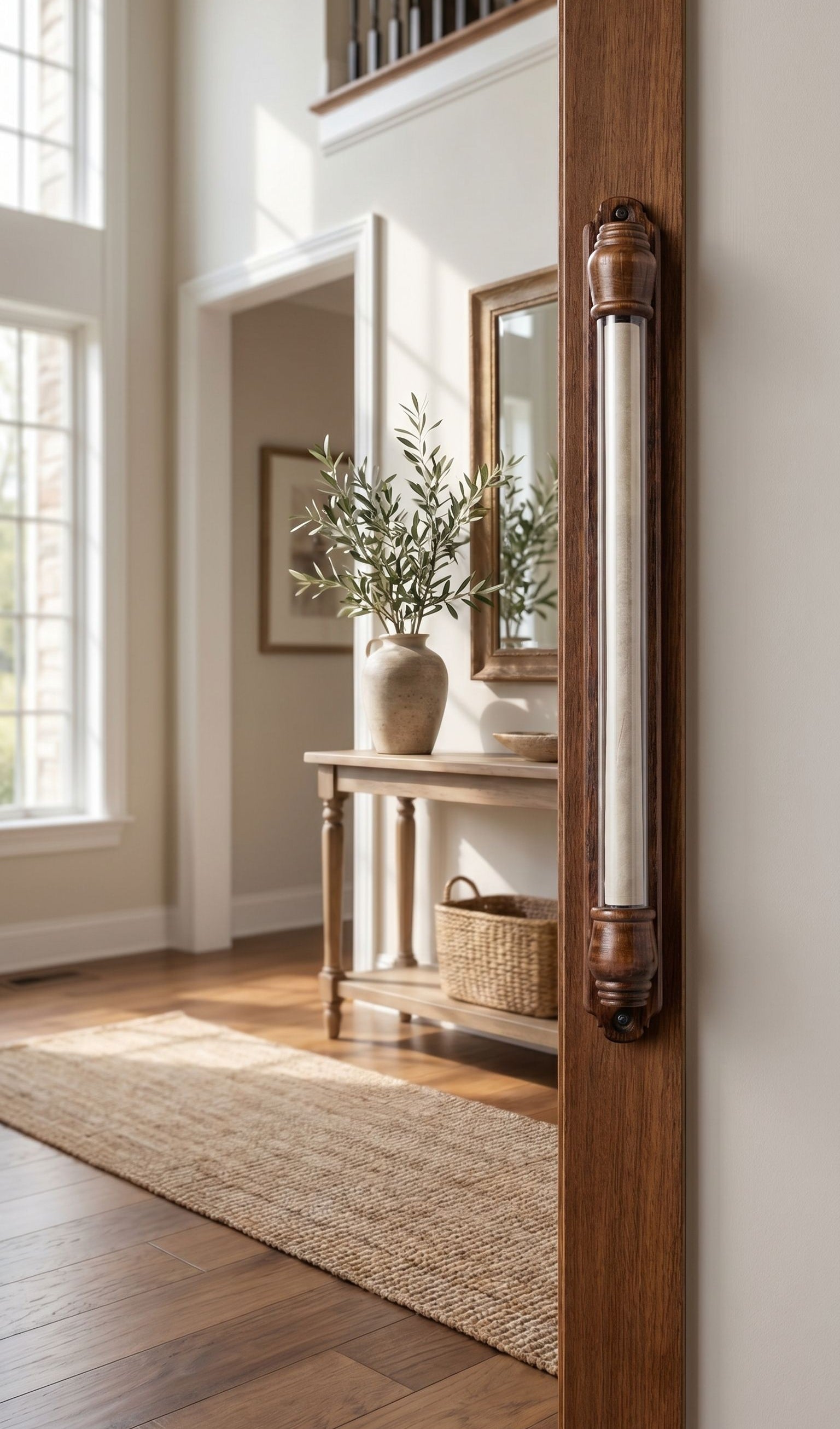 Extra large mahogany wood mezuzah with exposed scroll glass on an elegant doorway, highlighting its grand size and craftsmanship.