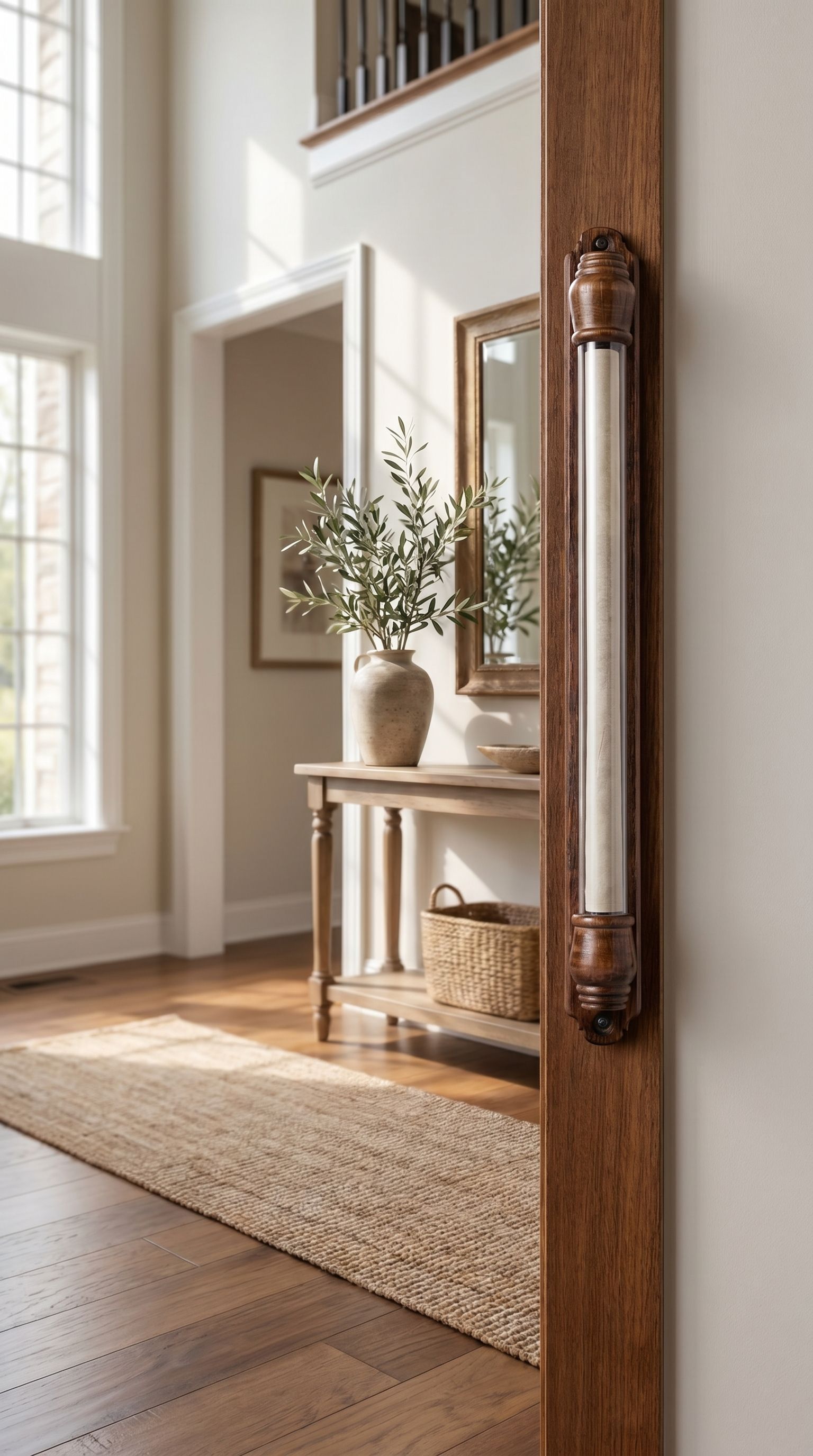 Extra large mahogany wood mezuzah with exposed scroll glass on an elegant doorway, highlighting its grand size and craftsmanship.