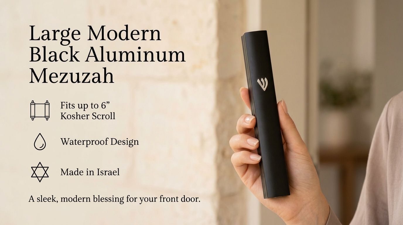 the large black aluminum mezuzah case against a warm interior background, with its silver Hebrew Shin visible beside text about its six-inch kosher scroll fit, waterproof design and Israeli origin