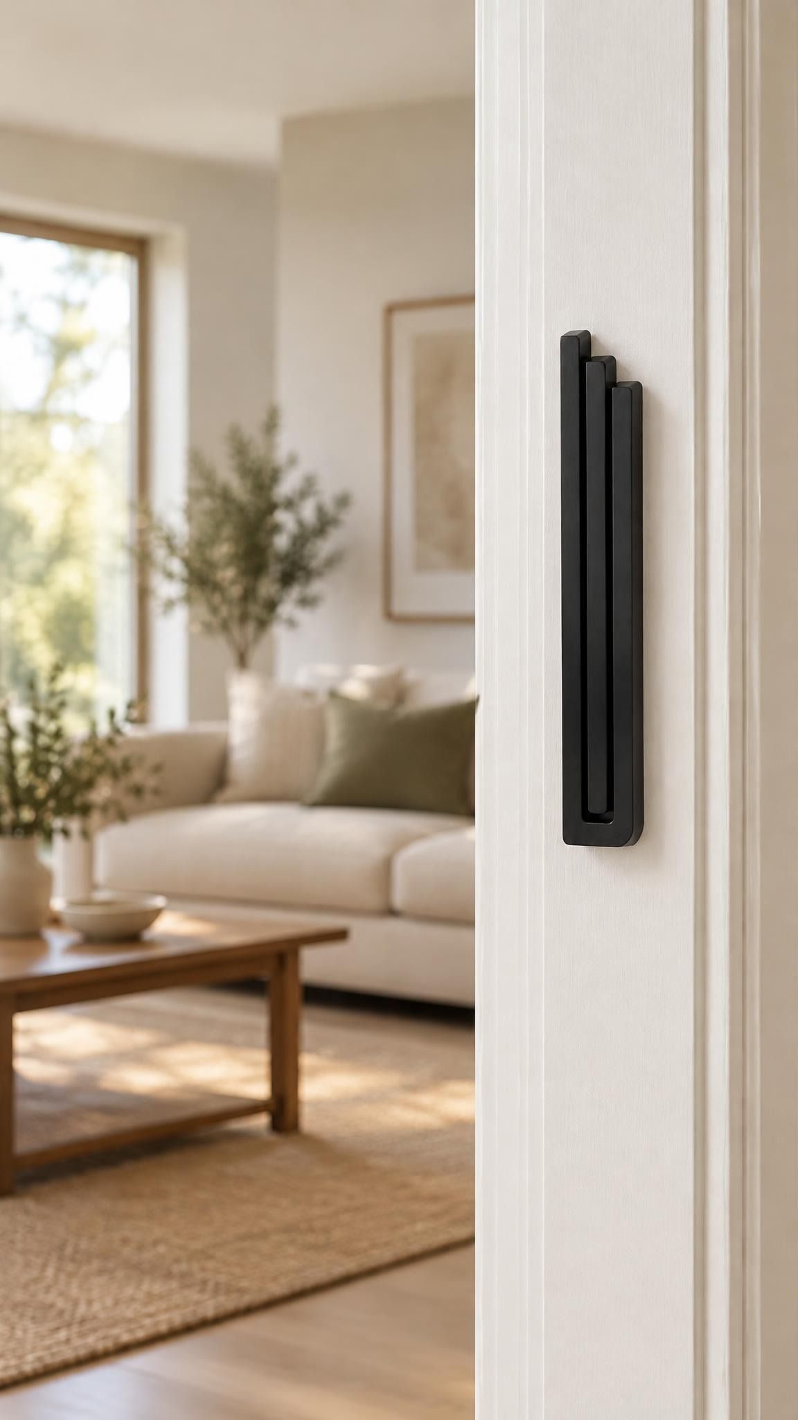 Large Modern Black Pyramid Mezuzah mounted vertically on a white interior doorpost, where its deep matte black aluminum mezuzah cover and three graduated bars create a contemporary Judaica accent with clean geometric lines against the pale doorframe