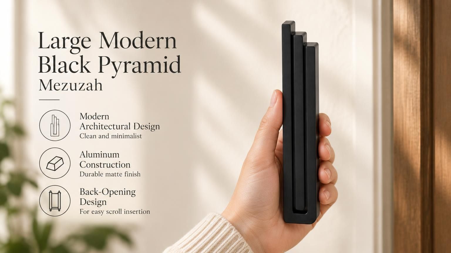 Large Modern Black Pyramid Mezuzah pictured in hand as a deep matte black aluminum mezuzah cover with three graduated bars and a contemporary stepped design, alongside its name and illustrated product features in a wide social-sharing image