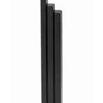 Large Modern Black Pyramid Mezuzah shown from the front as a deep matte black aluminum mezuzah cover, with three graduated vertical bars forming a contemporary stepped design and a gently rounded lower edge for modern Jewish doorway decor