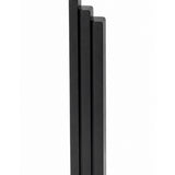 Large Modern Black Pyramid Mezuzah shown from the front as a deep matte black aluminum mezuzah cover, with three graduated vertical bars forming a contemporary stepped design and a gently rounded lower edge for modern Jewish doorway decor
